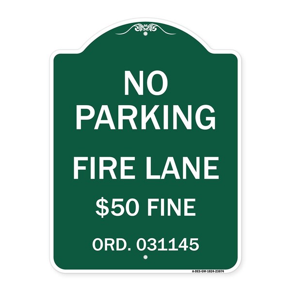 Signmission Missouri No Parking Fire Lane $50 Fine, Green & White Aluminum Sign, 18" x 24", GW-1824-23874 A-DES-GW-1824-23874 - main